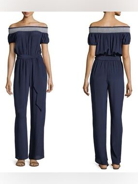 Tory Burch Navy Off-Shoulder Jumpsuit with Waist Tie